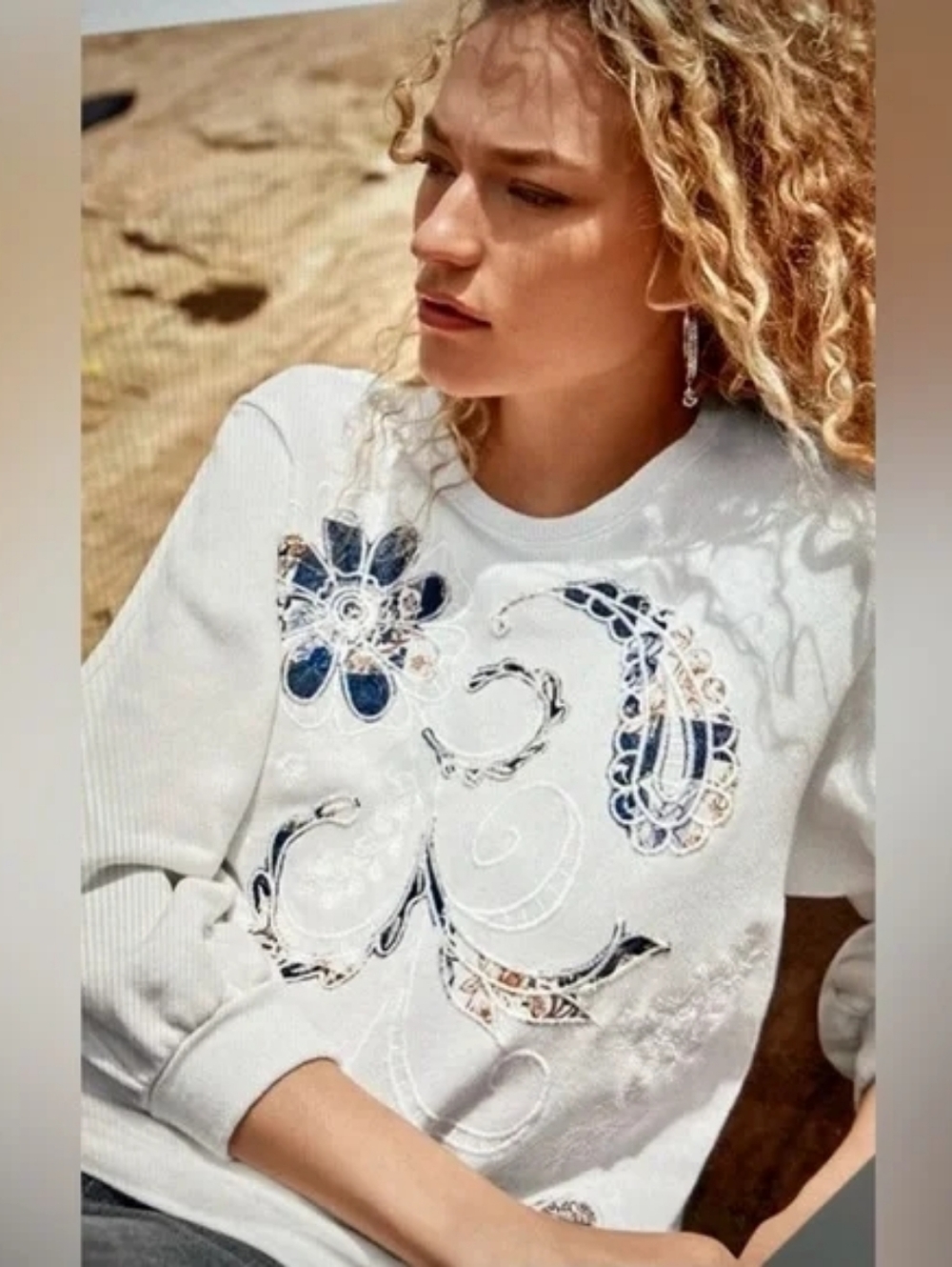 Johnny Was Womens White Blue Embroidered Patchwork Cotton Crewneck Sweatshirt M